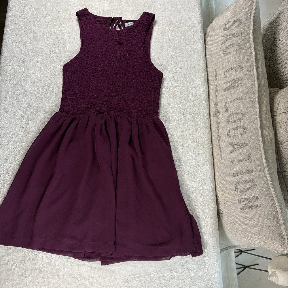 Kimchi Blue Fit & Flare Mini Dress Medium Plum Smocked Bodice Keyhole Back Sheer
